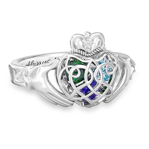 Anel Claddagh Celtic Claddagh em prata esterlina S925 personalizado com corações enjaulados com 1-6 pedras de nascimento