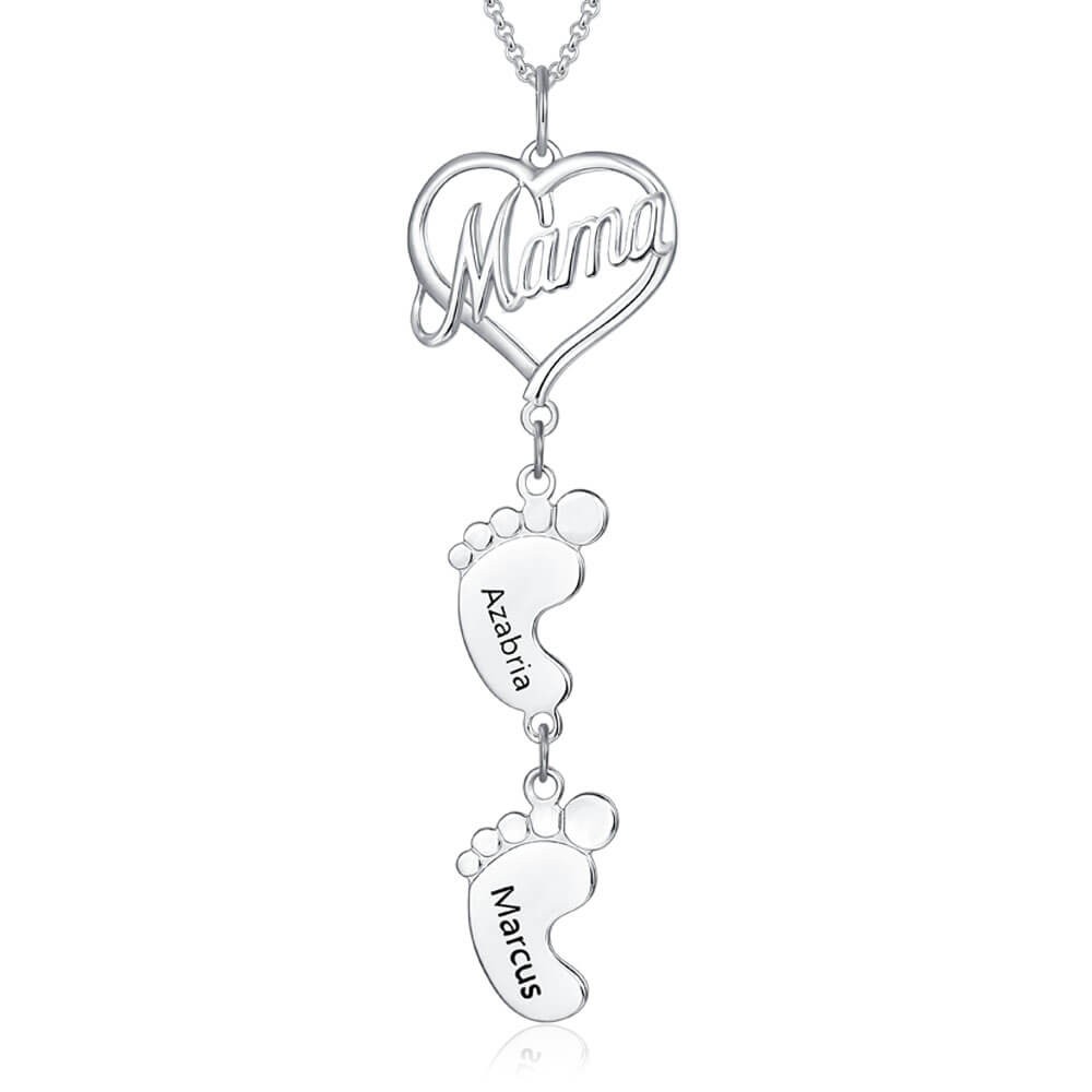 Colar com nome em prata personalizado Love MaMa Heart 1-10 Baby Feet Charms