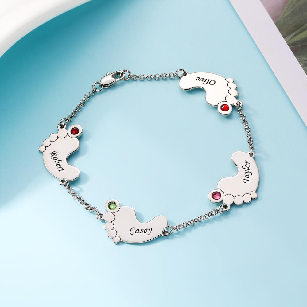 Pulseira personalizada com nome de pés de bebê Birthstone com 1-4 amuletos