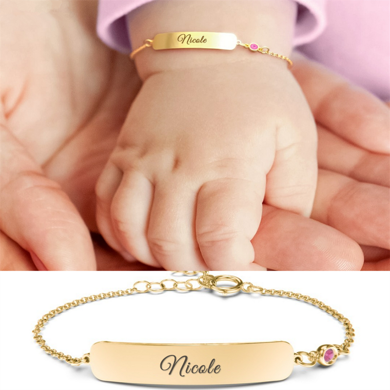 Pulseira personalizada com nome de bebê gravado e pedra de nascimento