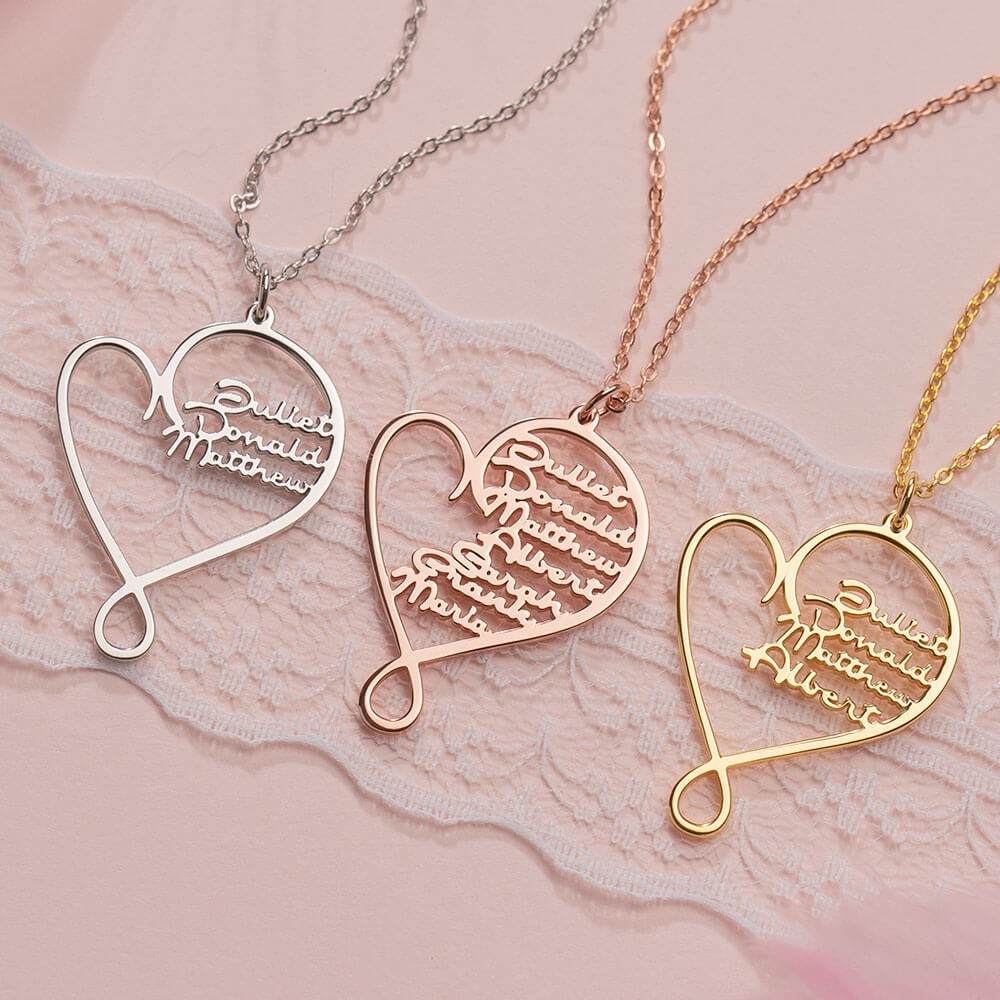 Colar de prata personalizado com nomes de coração de amor e abraço com 1 a 8 nomes